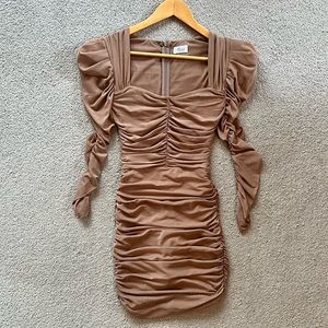 Oh Polly Taste Of Heaven Ruched Mesh Puff Sleeve Mini Dress in Tan Size 2